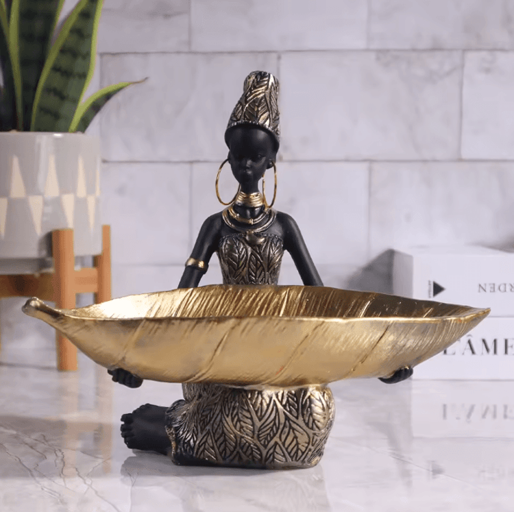 Decorative Girl Holding Tray Figurine – Resin Storage Sculpture for Home & Office Décor