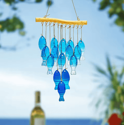 Blue Glass Fish Wind Chimes – Handcrafted Coastal Hanging Décor for Indoor & Outdoor Spaces