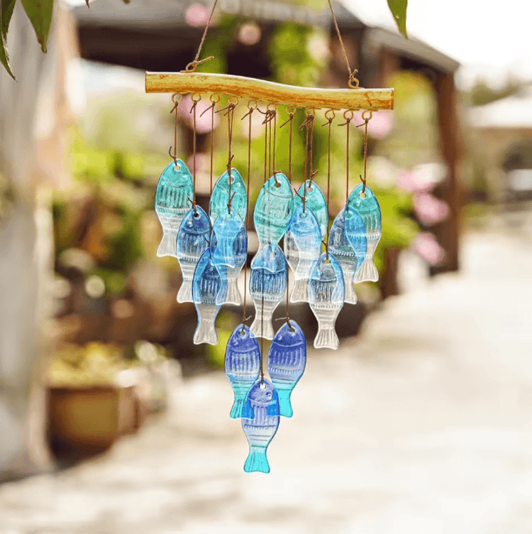 Blue Glass Fish Wind Chimes – Handcrafted Coastal Hanging Décor for Indoor & Outdoor Spaces