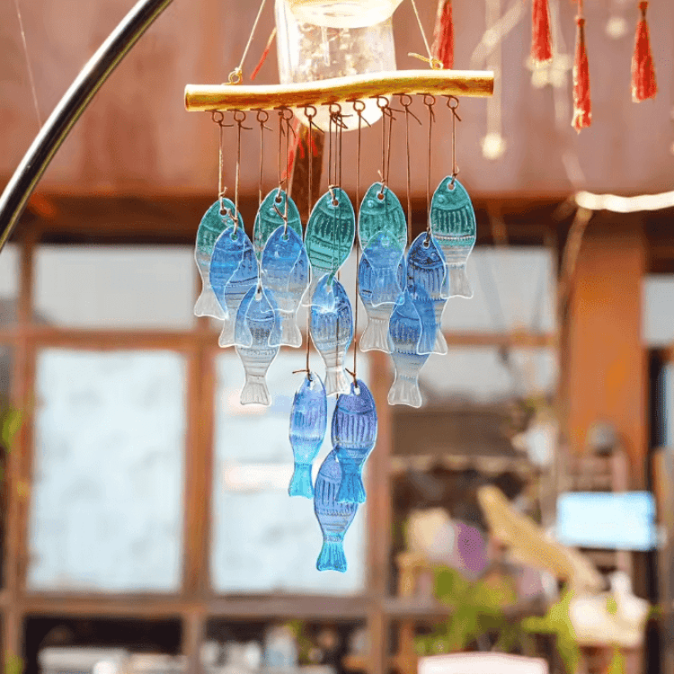 Blue Glass Fish Wind Chimes – Handcrafted Coastal Hanging Décor for Indoor & Outdoor Spaces