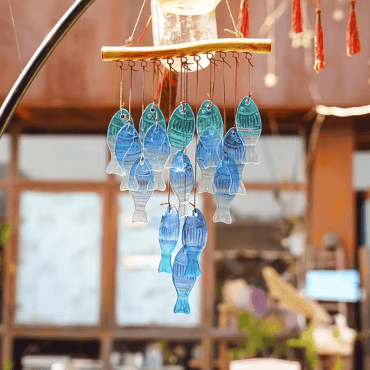 Blue Glass Fish Wind Chimes – Handcrafted Coastal Hanging Décor for Indoor & Outdoor Spaces