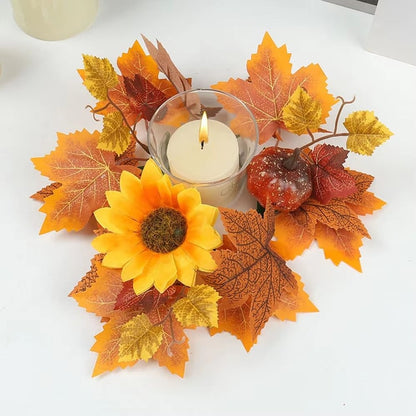 Autumn Maple Leaves & Sunflower Candle Ring Wreath – Decorative 26 cm Wreath for Pillar Candles & Table Centerpieces
