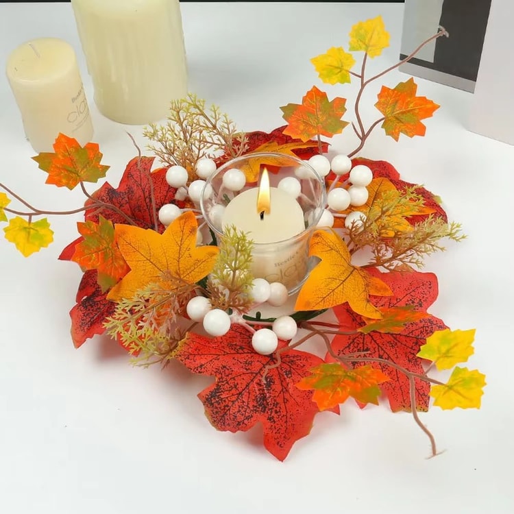 Autumn Maple Leaves & Sunflower Candle Ring Wreath – Decorative 26 cm Wreath for Pillar Candles & Table Centerpieces