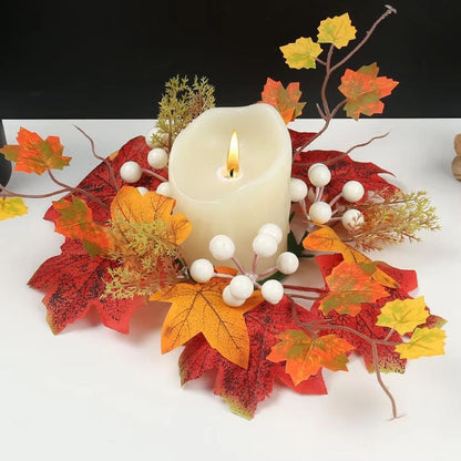 Autumn Maple Leaves & Sunflower Candle Ring Wreath – Decorative 26 cm Wreath for Pillar Candles & Table Centerpieces