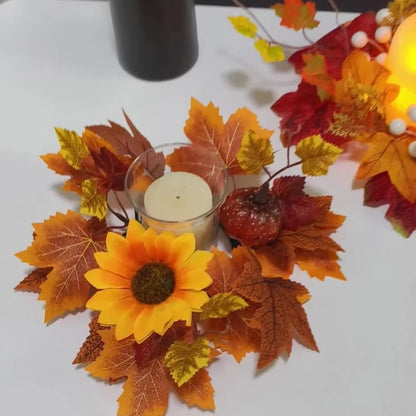 Autumn Maple Leaves & Sunflower Candle Ring Wreath – Decorative 26 cm Wreath for Pillar Candles & Table Centerpieces