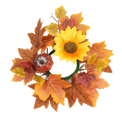 Autumn Maple Leaves & Sunflower Candle Ring Wreath – Decorative 26 cm Wreath for Pillar Candles & Table Centerpieces