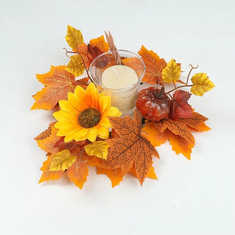 Autumn Maple Leaves & Sunflower Candle Ring Wreath – Decorative 26 cm Wreath for Pillar Candles & Table Centerpieces