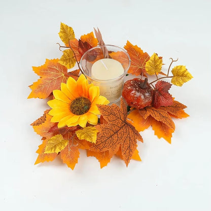 Autumn Maple Leaves & Sunflower Candle Ring Wreath – Decorative 26 cm Wreath for Pillar Candles & Table Centerpieces