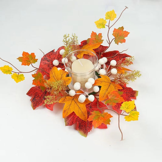 Autumn Maple Leaves & Sunflower Candle Ring Wreath – Decorative 26 cm Wreath for Pillar Candles & Table Centerpieces