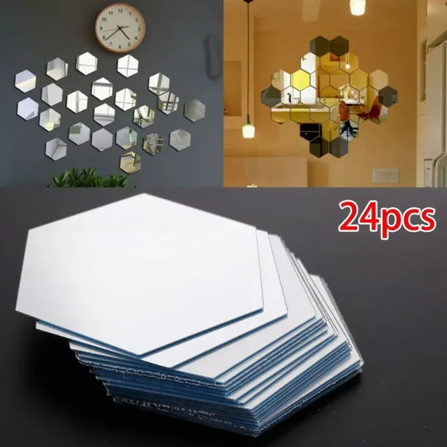 24 Pack Hexagon Acrylic Mirror Stickers Self-Adhesive 3D Wall Mosaic Tiles for Home Decor