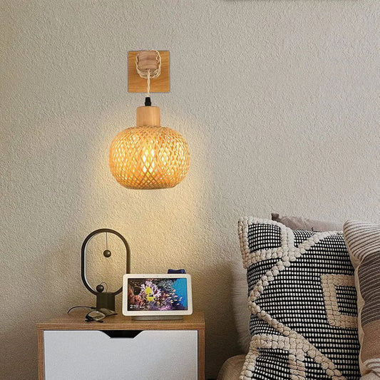 Natural Handwoven Bamboo Lantern Wall Sconce, Rattan Wicker E27 wall light fixture for Warm Boho Ambience
