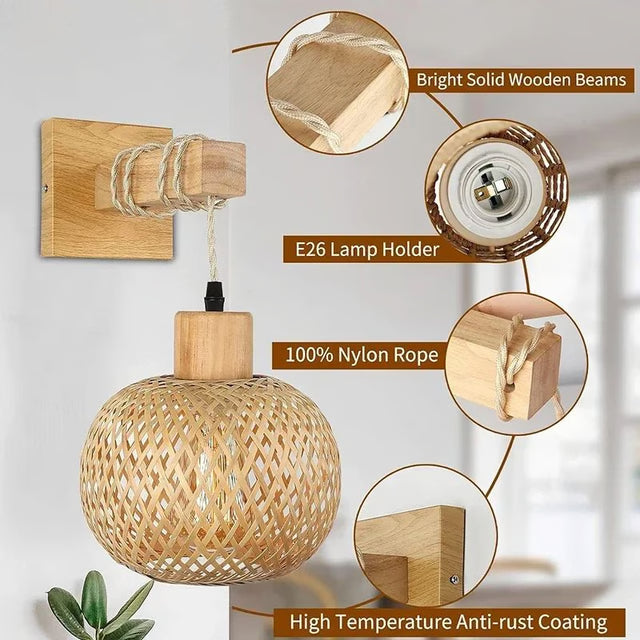 Natural Handwoven Bamboo Lantern Wall Sconce, Rattan Wicker E27 wall light fixture for Warm Boho Ambience