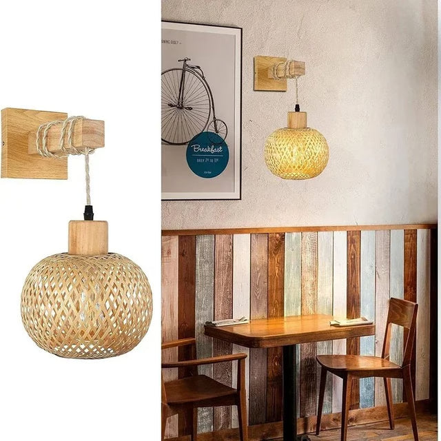 Natural Handwoven Bamboo Lantern Wall Sconce, Rattan Wicker E27 wall light fixture for Warm Boho Ambience