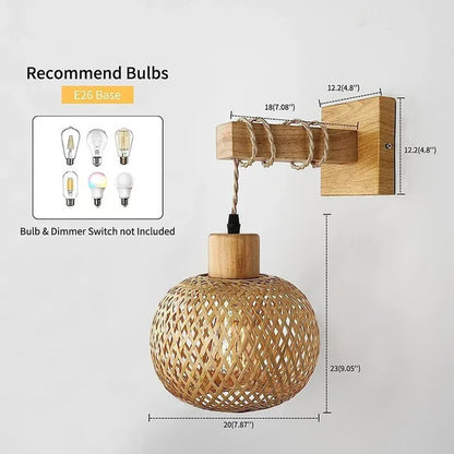 Natural Handwoven Bamboo Lantern Wall Sconce, Rattan Wicker E27 wall light fixture for Warm Boho Ambience