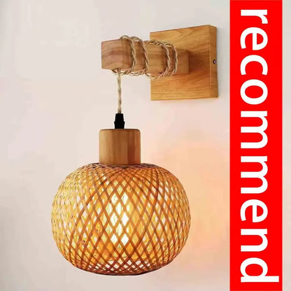 Natural Handwoven Bamboo Lantern Wall Sconce, Rattan Wicker E27 wall light fixture for Warm Boho Ambience