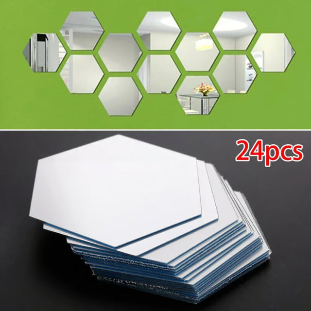 24 Pack Hexagon Acrylic Mirror Stickers Self-Adhesive 3D Wall Mosaic Tiles for Home Decor