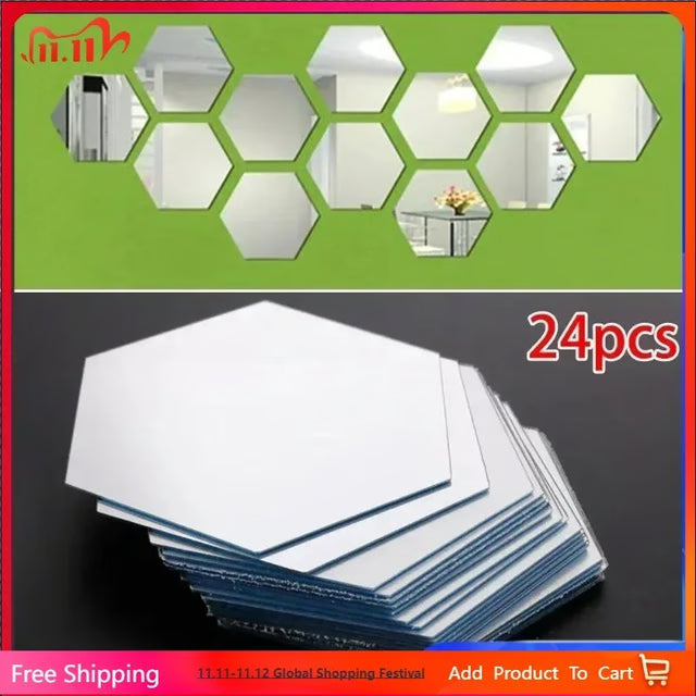 24 Pack Hexagon Acrylic Mirror Stickers Self-Adhesive 3D Wall Mosaic Tiles for Home Decor