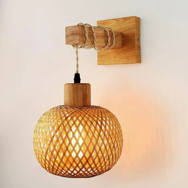 Natural Handwoven Bamboo Lantern Wall Sconce, Rattan Wicker E27 wall light fixture for Warm Boho Ambience