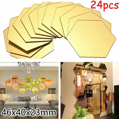 24 Pack Hexagon Acrylic Mirror Stickers Self-Adhesive 3D Wall Mosaic Tiles for Home Decor