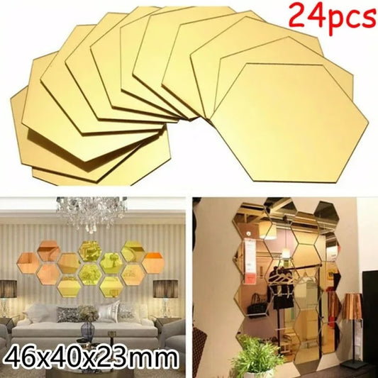 24 Pack Hexagon Acrylic Mirror Stickers Self-Adhesive 3D Wall Mosaic Tiles for Home Decor